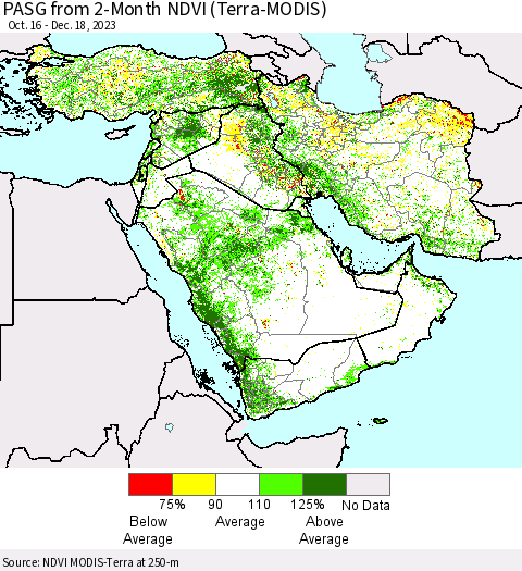 Middle East and Turkey PASG from 2-Month NDVI (Terra-MODIS) Thematic Map For 12/11/2023 - 12/18/2023