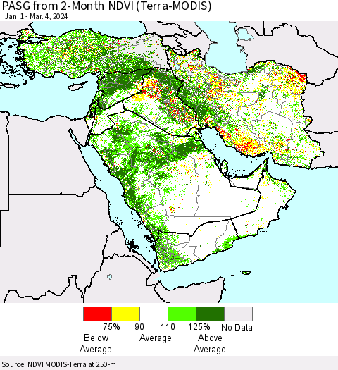 Middle East and Turkey PASG from 2-Month NDVI (Terra-MODIS) Thematic Map For 2/26/2024 - 3/4/2024