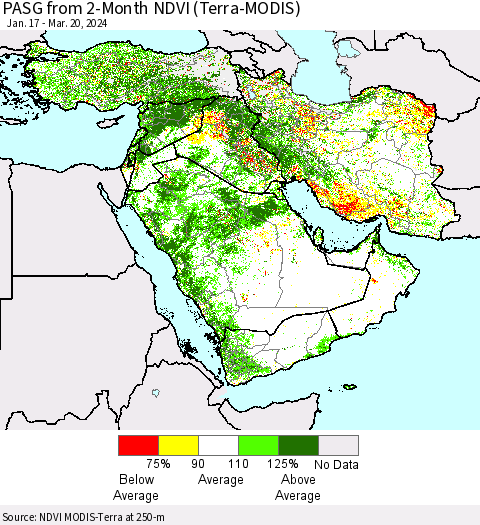 Middle East and Turkey PASG from 2-Month NDVI (Terra-MODIS) Thematic Map For 3/13/2024 - 3/20/2024