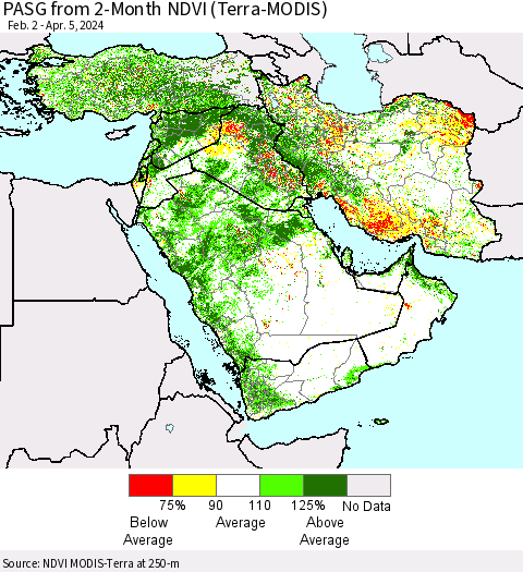 Middle East and Turkey PASG from 2-Month NDVI (Terra-MODIS) Thematic Map For 3/29/2024 - 4/5/2024