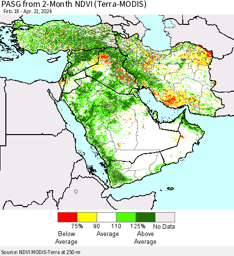 Middle East and Turkey PASG from 2-Month NDVI (Terra-MODIS) Thematic Map For 4/14/2024 - 4/21/2024