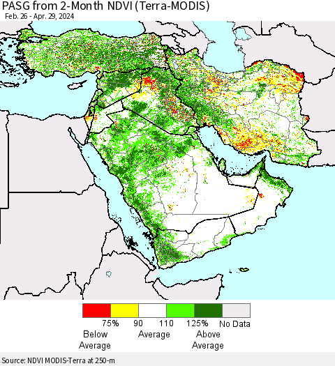 Middle East and Turkey PASG from 2-Month NDVI (Terra-MODIS) Thematic Map For 4/22/2024 - 4/29/2024
