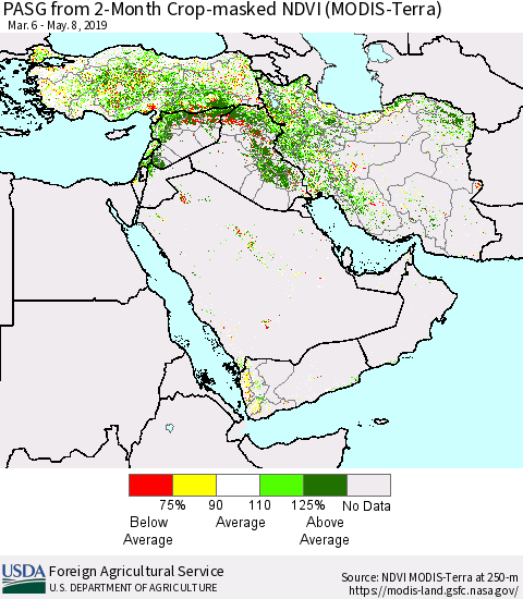 Middle East and Turkey PASG from 2-Month Cropland NDVI (Terra-MODIS) Thematic Map For 5/1/2019 - 5/10/2019