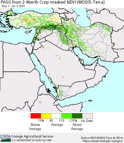 Middle East and Turkey PASG from 2-Month Cropland NDVI (Terra-MODIS) Thematic Map For 7/1/2019 - 7/10/2019