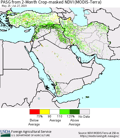 Middle East and Turkey PASG from 2-Month Cropland NDVI (Terra-MODIS) Thematic Map For 7/21/2019 - 7/31/2019