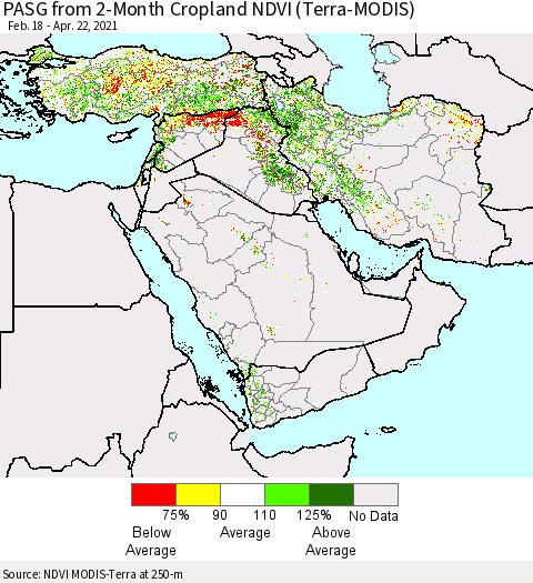 Middle East and Turkey PASG from 2-Month Cropland NDVI (Terra-MODIS) Thematic Map For 4/15/2021 - 4/22/2021