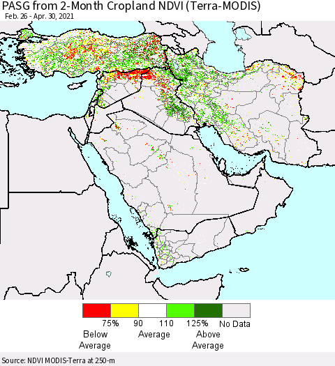 Middle East and Turkey PASG from 2-Month Cropland NDVI (Terra-MODIS) Thematic Map For 4/23/2021 - 4/30/2021