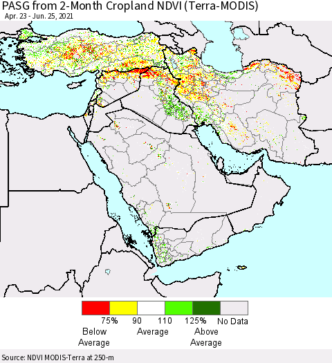 Middle East and Turkey PASG from 2-Month Cropland NDVI (Terra-MODIS) Thematic Map For 6/18/2021 - 6/25/2021