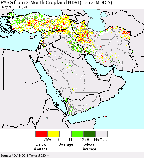 Middle East and Turkey PASG from 2-Month Cropland NDVI (Terra-MODIS) Thematic Map For 7/4/2021 - 7/11/2021