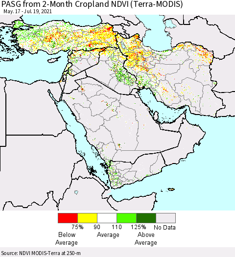 Middle East and Turkey PASG from 2-Month Cropland NDVI (Terra-MODIS) Thematic Map For 7/12/2021 - 7/19/2021