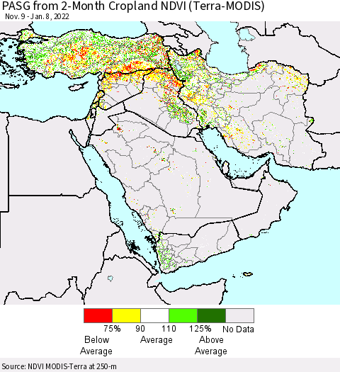 Middle East and Turkey PASG from 2-Month Cropland NDVI (Terra-MODIS) Thematic Map For 1/1/2022 - 1/8/2022