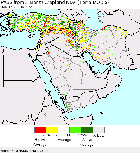 Middle East and Turkey PASG from 2-Month Cropland NDVI (Terra-MODIS) Thematic Map For 1/9/2022 - 1/16/2022