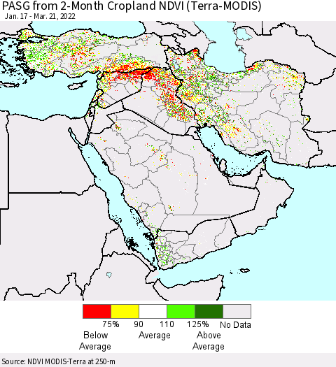 Middle East and Turkey PASG from 2-Month Cropland NDVI (Terra-MODIS) Thematic Map For 3/14/2022 - 3/21/2022