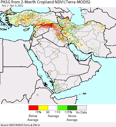 Middle East and Turkey PASG from 2-Month Cropland NDVI (Terra-MODIS) Thematic Map For 3/30/2022 - 4/6/2022