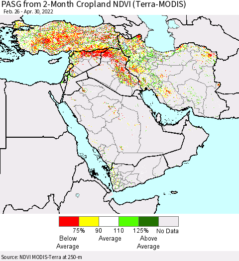 Middle East and Turkey PASG from 2-Month Cropland NDVI (Terra-MODIS) Thematic Map For 4/21/2022 - 4/30/2022