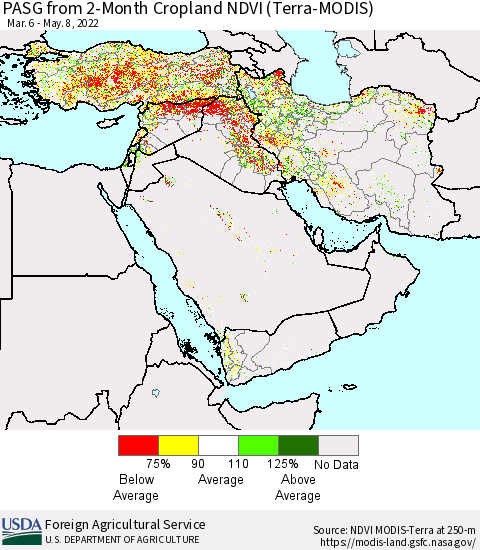 Middle East and Turkey PASG from 2-Month Cropland NDVI (Terra-MODIS) Thematic Map For 5/1/2022 - 5/10/2022