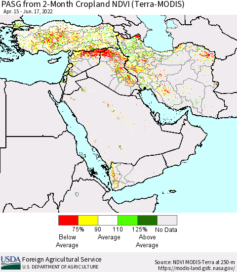 Middle East and Turkey PASG from 2-Month Cropland NDVI (Terra-MODIS) Thematic Map For 6/11/2022 - 6/20/2022