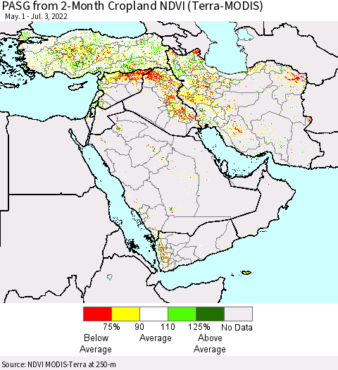 Middle East and Turkey PASG from 2-Month Cropland NDVI (Terra-MODIS) Thematic Map For 6/26/2022 - 7/3/2022