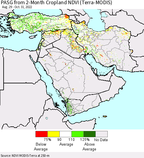 Middle East and Turkey PASG from 2-Month Cropland NDVI (Terra-MODIS) Thematic Map For 10/21/2022 - 10/31/2022