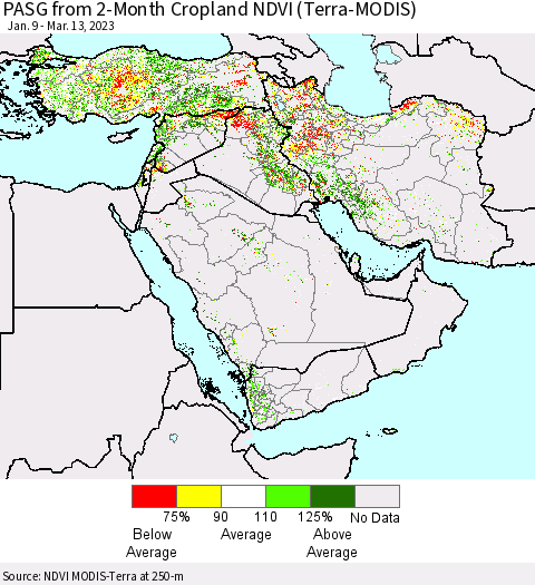 Middle East and Turkey PASG from 2-Month Cropland NDVI (Terra-MODIS) Thematic Map For 3/6/2023 - 3/13/2023