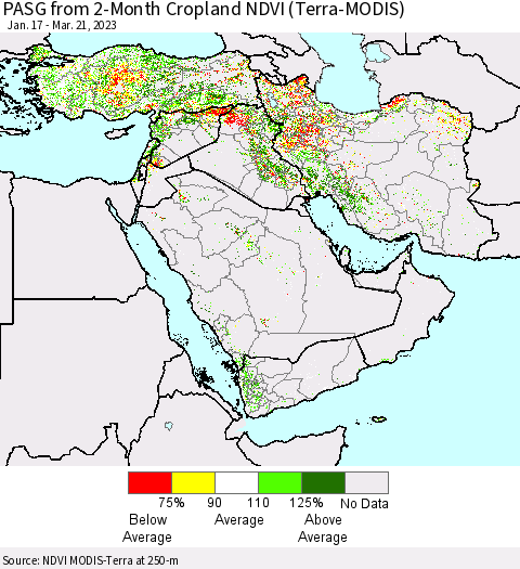 Middle East and Turkey PASG from 2-Month Cropland NDVI (Terra-MODIS) Thematic Map For 3/14/2023 - 3/21/2023
