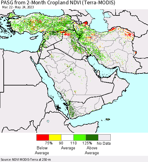 Middle East and Turkey PASG from 2-Month Cropland NDVI (Terra-MODIS) Thematic Map For 5/17/2023 - 5/24/2023