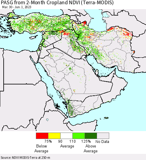 Middle East and Turkey PASG from 2-Month Cropland NDVI (Terra-MODIS) Thematic Map For 5/25/2023 - 6/1/2023