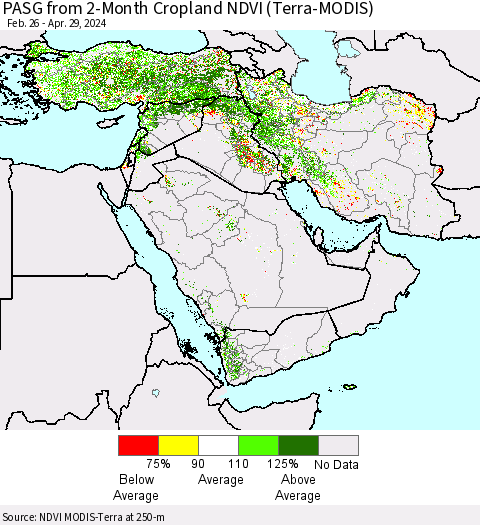 Middle East and Turkey PASG from 2-Month Cropland NDVI (Terra-MODIS) Thematic Map For 4/22/2024 - 4/29/2024