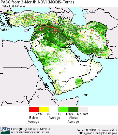 Middle East and Turkey PASG from 3-Month NDVI (Terra-MODIS) Thematic Map For 6/1/2019 - 6/10/2019