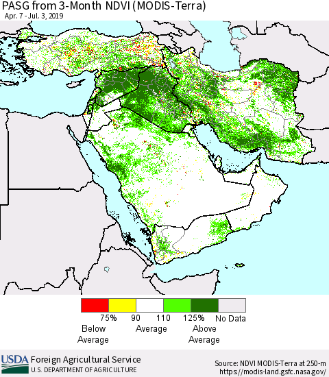 Middle East and Turkey PASG from 3-Month NDVI (Terra-MODIS) Thematic Map For 7/1/2019 - 7/10/2019