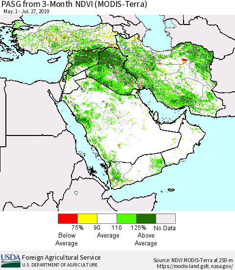 Middle East and Turkey PASG from 3-Month NDVI (Terra-MODIS) Thematic Map For 7/21/2019 - 7/31/2019
