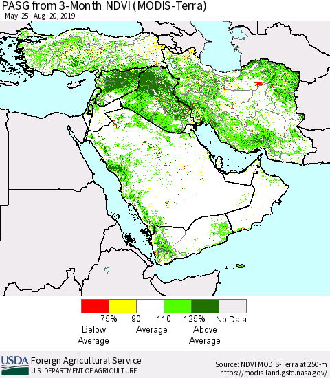 Middle East and Turkey PASG from 3-Month NDVI (Terra-MODIS) Thematic Map For 8/11/2019 - 8/20/2019