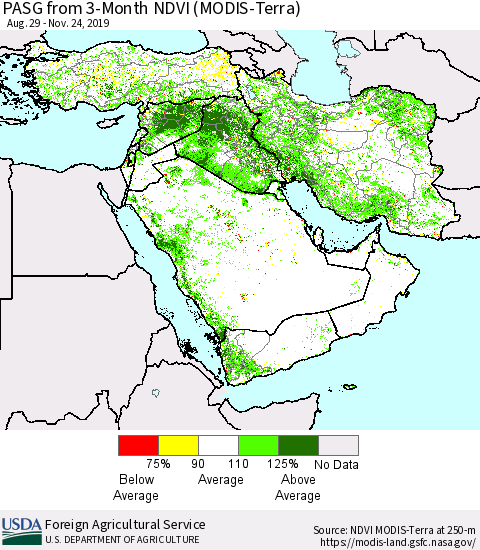 Middle East and Turkey PASG from 3-Month NDVI (Terra-MODIS) Thematic Map For 11/21/2019 - 11/30/2019