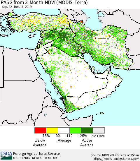 Middle East and Turkey PASG from 3-Month NDVI (Terra-MODIS) Thematic Map For 12/11/2019 - 12/20/2019