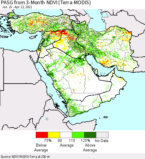 Middle East and Turkey PASG from 3-Month NDVI (Terra-MODIS) Thematic Map For 4/15/2021 - 4/22/2021