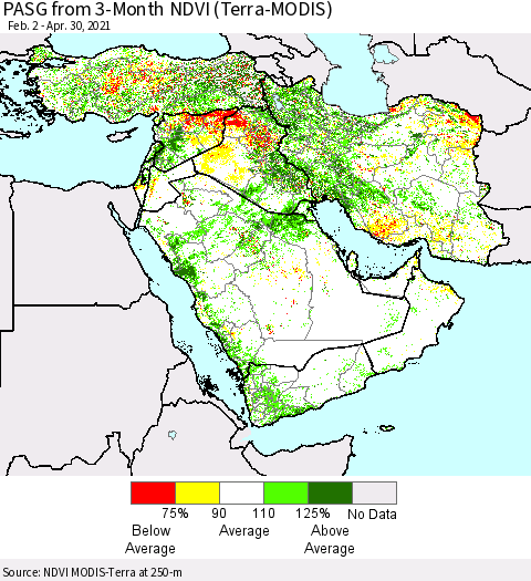 Middle East and Turkey PASG from 3-Month NDVI (Terra-MODIS) Thematic Map For 4/23/2021 - 4/30/2021