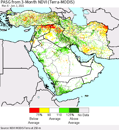 Middle East and Turkey PASG from 3-Month NDVI (Terra-MODIS) Thematic Map For 5/25/2021 - 6/1/2021