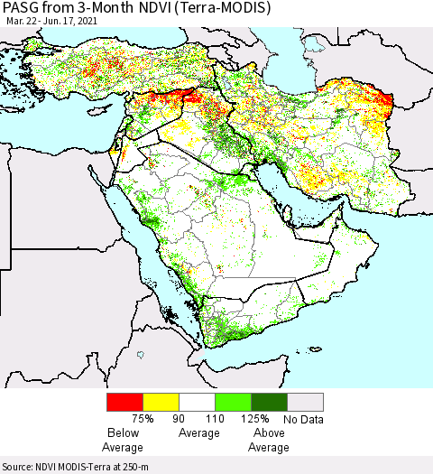 Middle East and Turkey PASG from 3-Month NDVI (Terra-MODIS) Thematic Map For 6/10/2021 - 6/17/2021