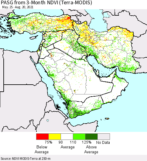 Middle East and Turkey PASG from 3-Month NDVI (Terra-MODIS) Thematic Map For 8/13/2021 - 8/20/2021