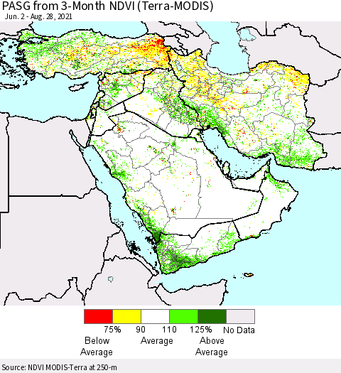 Middle East and Turkey PASG from 3-Month NDVI (Terra-MODIS) Thematic Map For 8/21/2021 - 8/28/2021