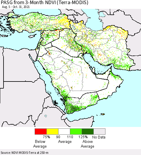 Middle East and Turkey PASG from 3-Month NDVI (Terra-MODIS) Thematic Map For 10/24/2021 - 10/31/2021