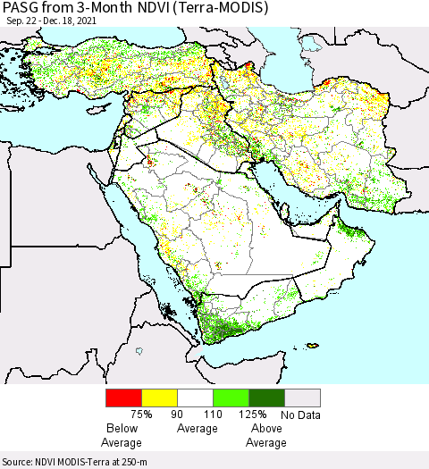 Middle East and Turkey PASG from 3-Month NDVI (Terra-MODIS) Thematic Map For 12/11/2021 - 12/18/2021