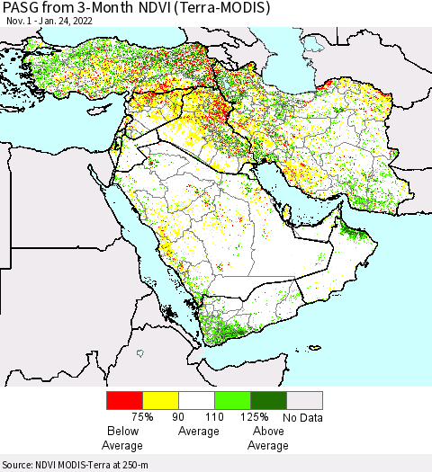 Middle East and Turkey PASG from 3-Month NDVI (Terra-MODIS) Thematic Map For 1/17/2022 - 1/24/2022