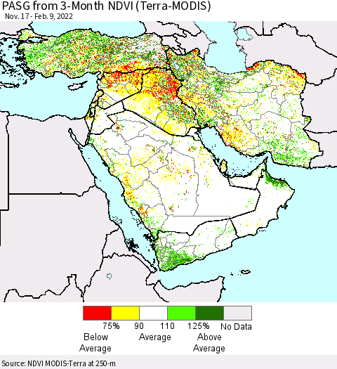 Middle East and Turkey PASG from 3-Month NDVI (Terra-MODIS) Thematic Map For 2/2/2022 - 2/9/2022