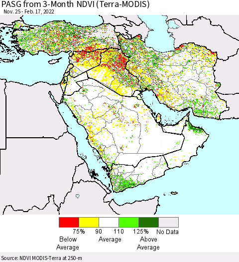 Middle East and Turkey PASG from 3-Month NDVI (Terra-MODIS) Thematic Map For 2/10/2022 - 2/17/2022