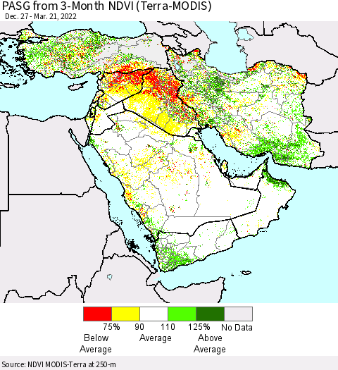 Middle East and Turkey PASG from 3-Month NDVI (Terra-MODIS) Thematic Map For 3/14/2022 - 3/21/2022