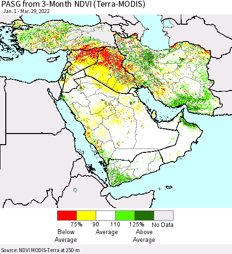Middle East and Turkey PASG from 3-Month NDVI (Terra-MODIS) Thematic Map For 3/22/2022 - 3/29/2022