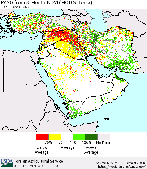 Middle East and Turkey PASG from 3-Month NDVI (Terra-MODIS) Thematic Map For 4/1/2022 - 4/10/2022