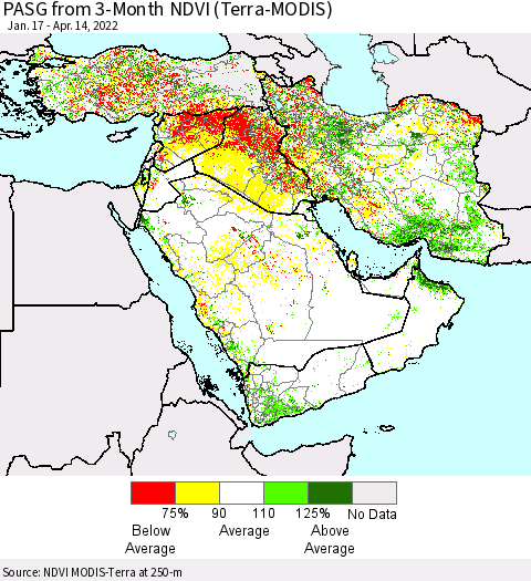 Middle East and Turkey PASG from 3-Month NDVI (Terra-MODIS) Thematic Map For 4/7/2022 - 4/14/2022