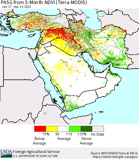 Middle East and Turkey PASG from 3-Month NDVI (Terra-MODIS) Thematic Map For 4/11/2022 - 4/20/2022